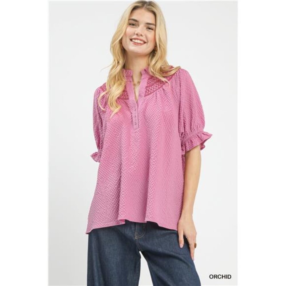Umgee Textured Henley Blouse with Ruffle‎ Cuffs